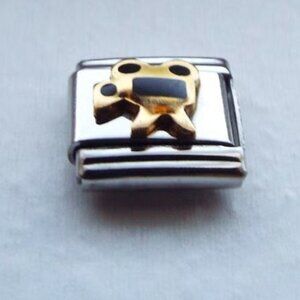 Black and gold enamel movie camera 9mm stainless steel italian charm link new